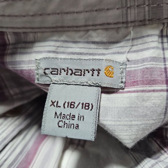 Carhartt Plaid Button Front Shirt Womens Size XL White Pink Roll Tab Sleeve - Picture 6 of 7